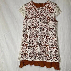 cream & orange/brown crochet overlay Rebellion tunic size large